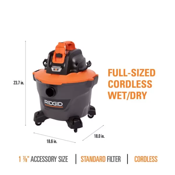 RIDGID 9 Gal. 18-Volt Cordless Wet/Dry Shop Vacuum (Tool Only) with Filter, Hose and Accessories