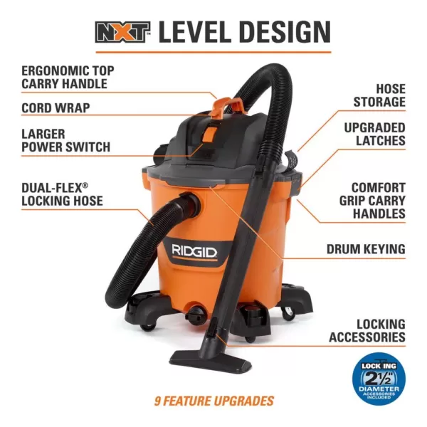 RIDGID 12 Gal. 5.0-Peak HP NXT Wet/Dry Shop Vacuum with Filter, Hose, Accessories and Additional 20 ft. Tug-A-Long Hose