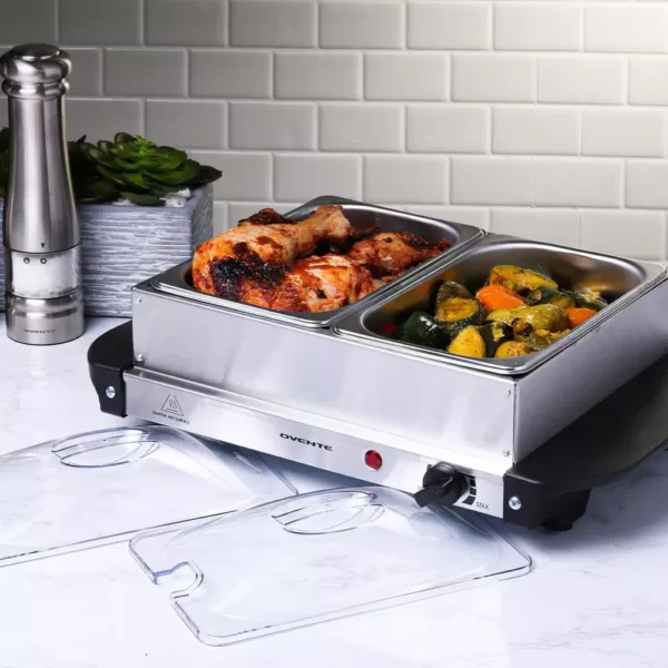 Ovente 2.1 qt. Silver Chafing Dishes, Electric Buffet Server Tray with 2 x 1L Stainless Steel Warming Pans and Lids
