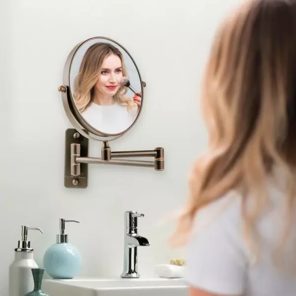 Ovente Small Round Wall Mounted Antique Bronze Makeup Mirror (11 in. H x 1.4 in. W), 1x-10x Magnification