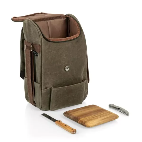 Picnic Time 2-Bottle Khaki Green Waxed Canvas Wine Cooler Bag and Cheese Board Set