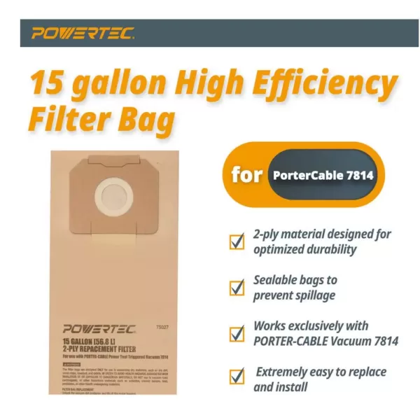 POWERTEC 15 Gal. High Efficiency Filter Bags for PORTER-CABLE 7814 Power Tool Triggered Vacuum (3-Pack)
