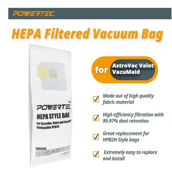 POWERTEC HEPA Filtered Vacuum Bag Replacement HPB2H Style Bags Fits AstroVac Valet and VacuMaid Model (3-Pack)