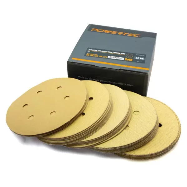 POWERTEC 6 in. A/O Hook and Loop 6-Hole Sanding Disc Assortment Grits 80,100,120,150,220 in Gold (50-Pack)