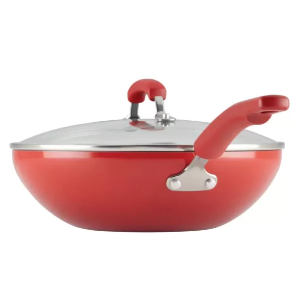 Rachael Ray Classic Brights 11 in. Aluminum Nonstick Stir Fry Pan in Red Gradient with Glass Lid