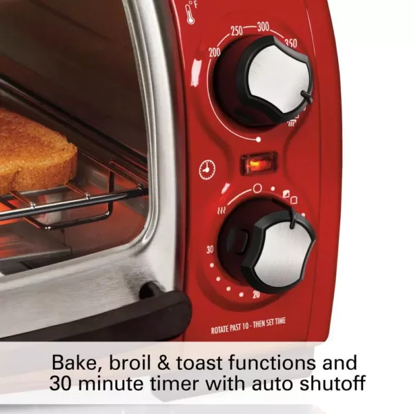 Hamilton Beach Easy Reach 1200 W 4-Slice Red Toaster Oven with Roll-Top Door