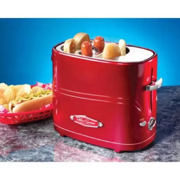 Nostalgia Retro Series 2-Slice Red Long Slot Hot Dog and Bun Toaster with Crumb Tray and Mini Tongs