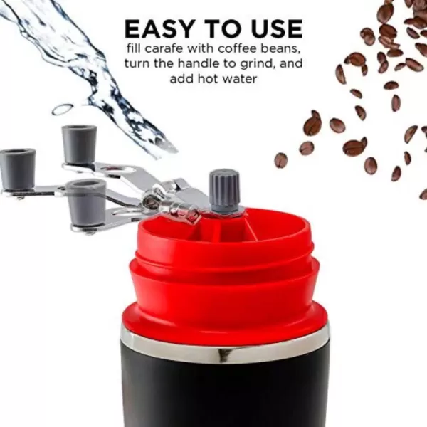 Ovente Single Serve Red Coffee Grinder, French Press, 2-in-1 Carafe Coffee Maker Machine, With Insulated Cup