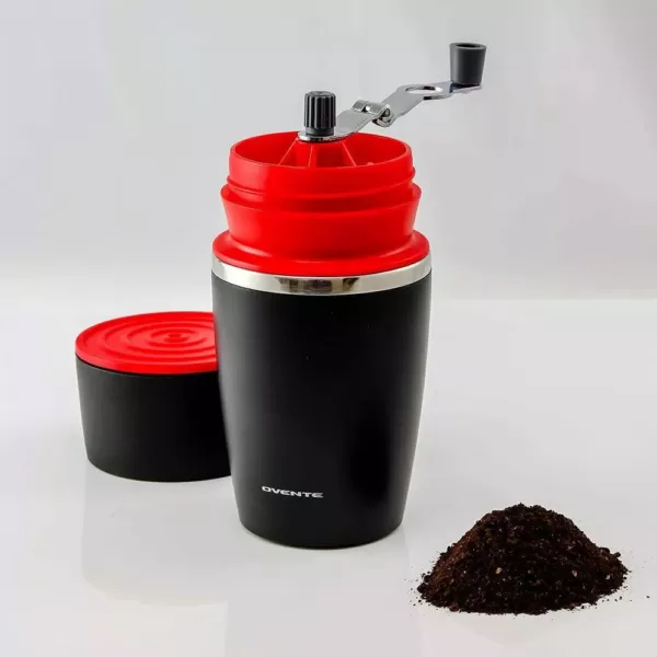 Ovente Single Serve Red Coffee Grinder, French Press, 2-in-1 Carafe Coffee Maker Machine, With Insulated Cup