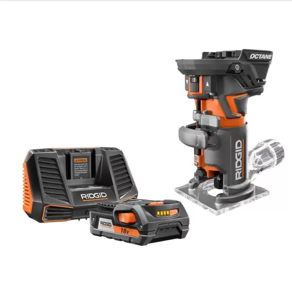 RIDGID 18-Volt OCTANE Cordless Brushless Compact Fixed Base Router with 18-Volt Lithium-Ion 2.0 Ah Battery Pack and Charger Kit