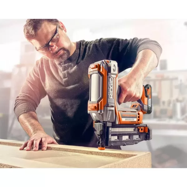 RIDGID 18-Volt Cordless Brushless HYPERDRIVE 16-Gauge 2-1/2 in Straight Finish Nailer, 2 Ah Battery, Charger, Belt Clip and Bag