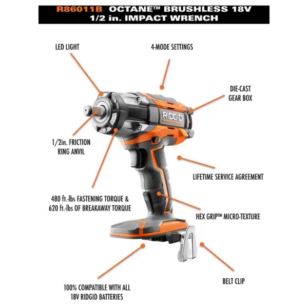 RIDGID 18-Volt OCTANE Cordless Brushless 1/2 in. Impact Wrench (Tool Only) with Belt Clip