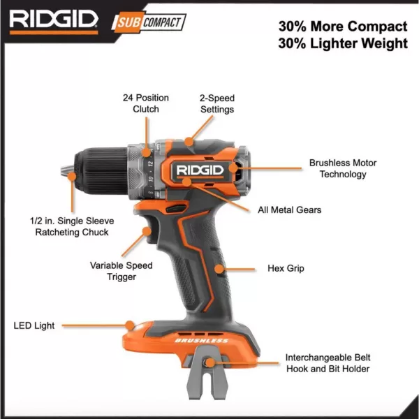 RIDGID 18V SubCompact Li-Ion Brushless 1/2 in. Drill Kit with 3/8 in. Impact Wrench, (2) 2.0 Ah Battery, Charger, and Bag
