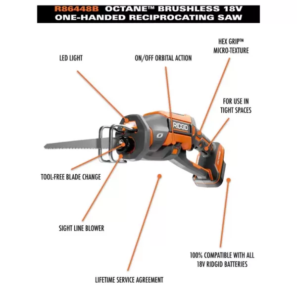 RIDGID 18-Volt OCTANE Cordless Brushless One-Handed Reciprocating Saw with 18-Volt Lithium-Ion 2.0 Ah Battery and Charger Kit