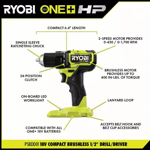 RYOBI ONE+ HP 18V Brushless Cordless Compact 1/2 in. Drill/Driver Kit with (2) 1.5 Ah Batteries, Charger and Bag