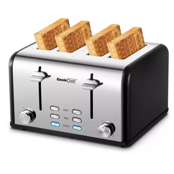 Boyel Living 1650 W 4-Slice Silver Wide Slot Toaster with Dual Control Panels of Bagel, Defrost and Cancel Function