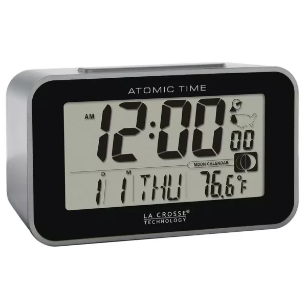 La Crosse Technology Atomic 4.76 in. x 3.12 in. Temperature and Moon Phase Black/Silver Digital Alarm Table Clock