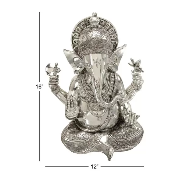 LITTON LANE 16 in. X 12 in. Antique Silver Sitting Ganesh Sculpture with Patterned Detailing