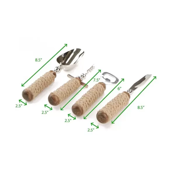 Mind Reader Rope Bar Utensil Set Silver Bottle Opener, Corkscrew, Ice Scoop and Knife 4-Piece Bar Tool Set