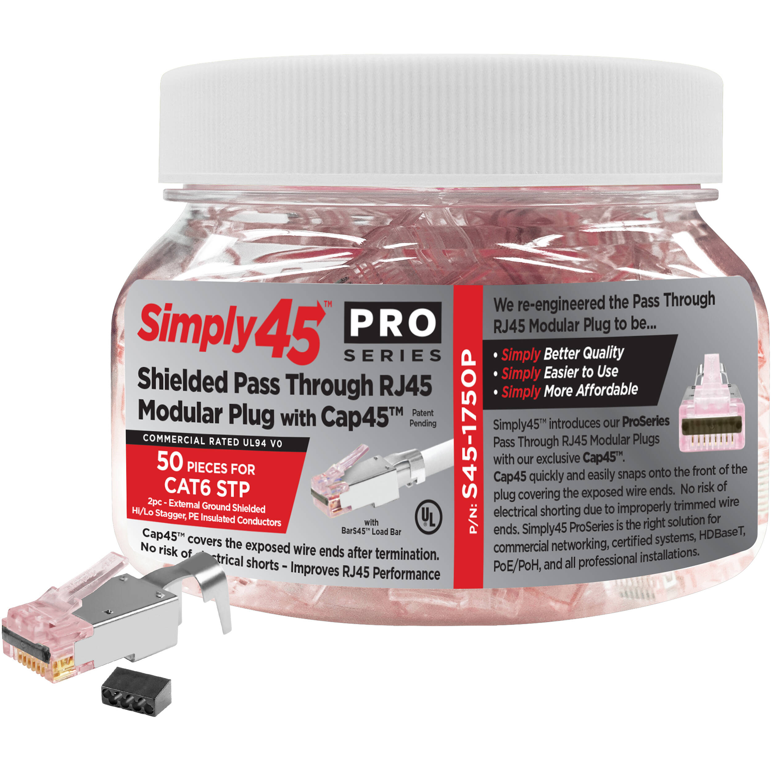 Simply45 ProSeries Cat 6 STP Shielded External Ground Pass-Through Modular Plug (50-Piece Jar)