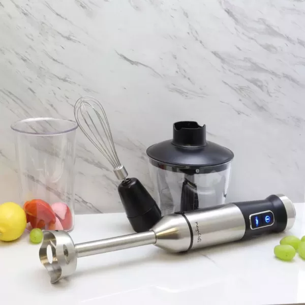 MegaChef 4-in-1 Multi-Purpose 2-Speed Stainless Steel Immersion Blender with Chopper and Whisk Attachment