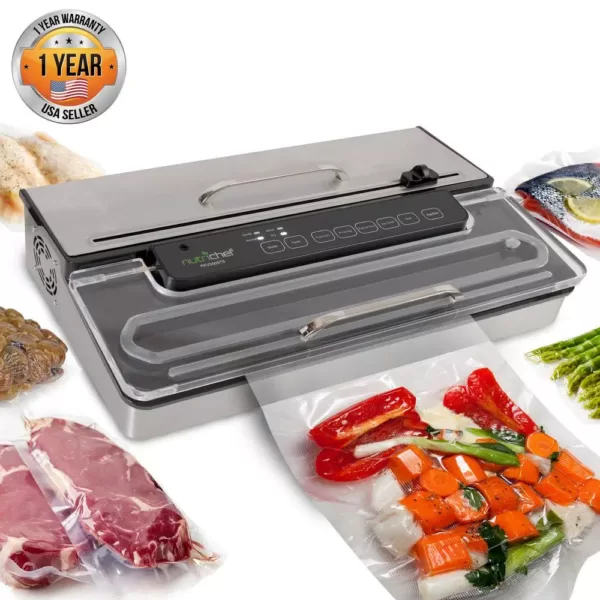 NutriChef White Kitchen Pro Stainless Steel Food Vacuum Sealer System - Countertop Electric Air Seal Preserver with Air Vac Bags