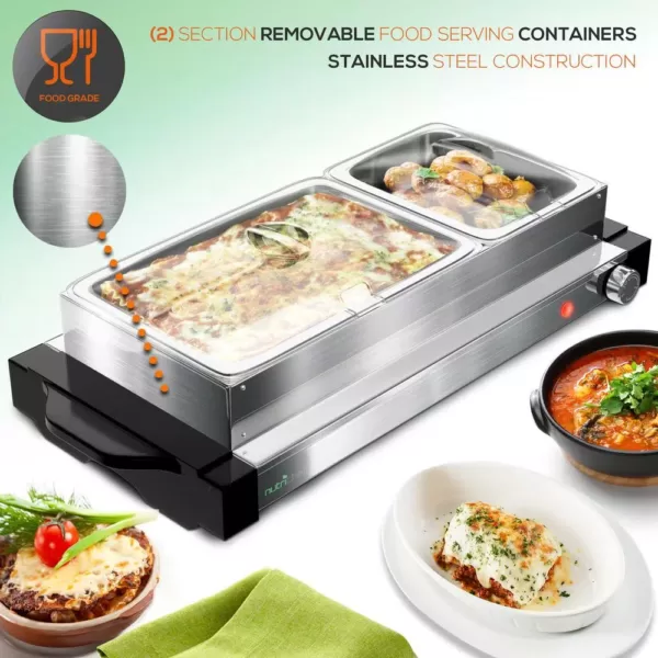 NutriChef 21.9 in. Stainless Steel Electric Food Warming Tray Buffet Server Hot Plate Food Warmer (Dual Plate Tray Style)
