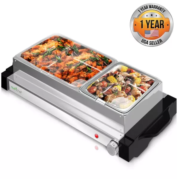 NutriChef 21.9 in. Stainless Steel Electric Food Warming Tray Buffet Server Hot Plate Food Warmer (Dual Plate Tray Style)