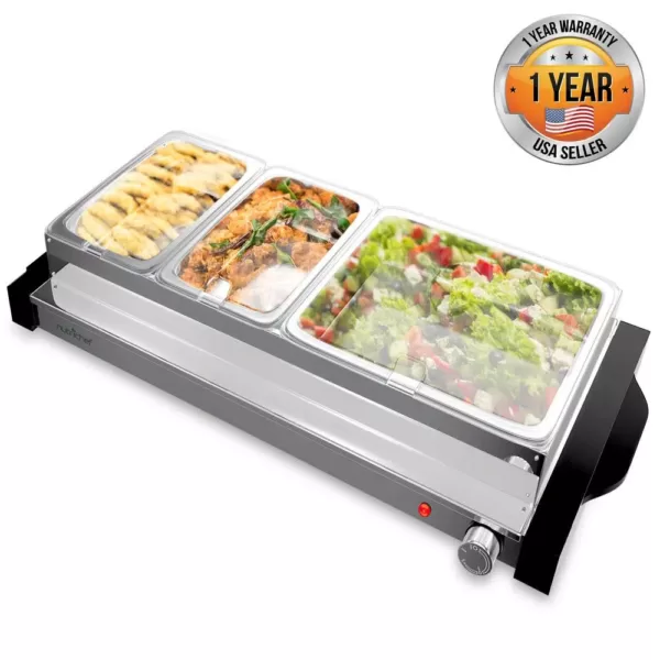 NutriChef 27.6 in. 3-Burner Stainless Steel Electric Food Warming Tray - Buffet Server Hot Plate Food Warmer