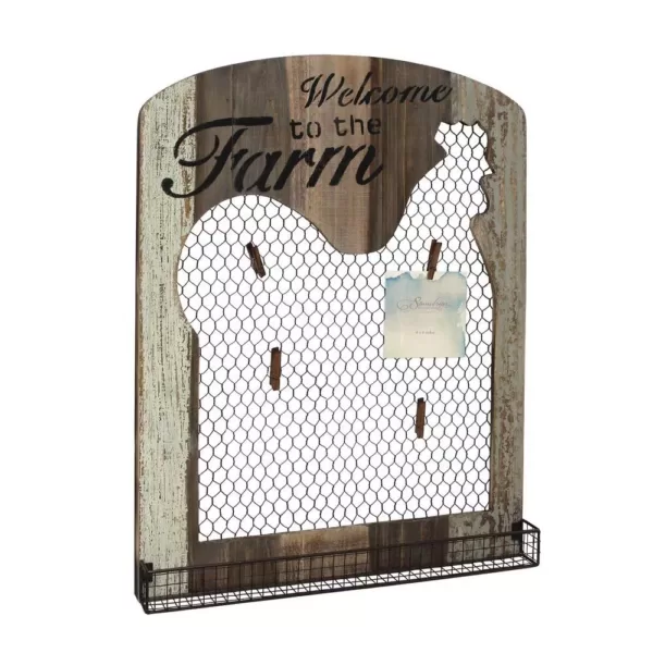 Stonebriar Collection 18 in. x 24 in. Brown Wooden Rooster Wall Decor with Metal Tray Mesh Message Board