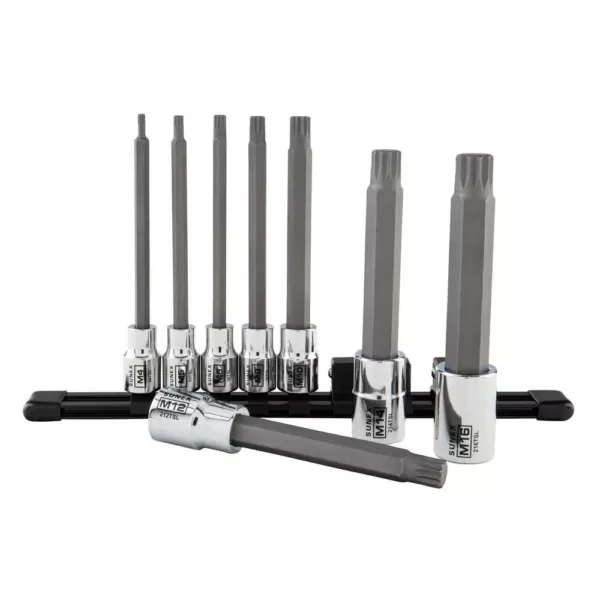 SUNEX TOOLS 3/8 in. and 1/2 in. Drive Chrome Long Triple Square Bit Socket Set with Rail (8-Piece)