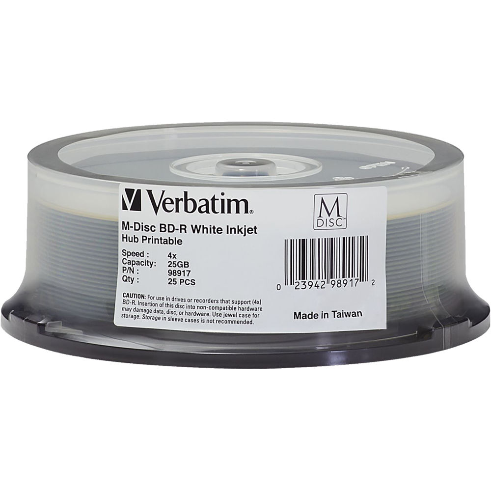 Verbatim 25GB BD-R 4x White Inkjet/Hub Printable M-Disc (25-Pack Spindle)