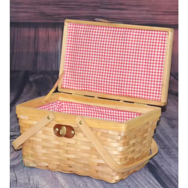 Vintiquewise 12.5 in. x 7.5 in. x 7.5 in. Picnic Basket Gingham Lined with Folding Handles