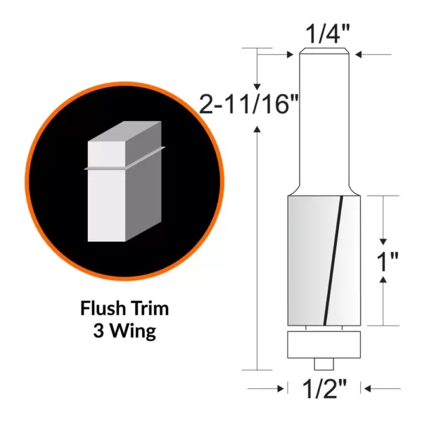 WEN 1/2 in. Flush Trim 3-Wing Carbide Tipped Router Bit with 1/4 in. Shank