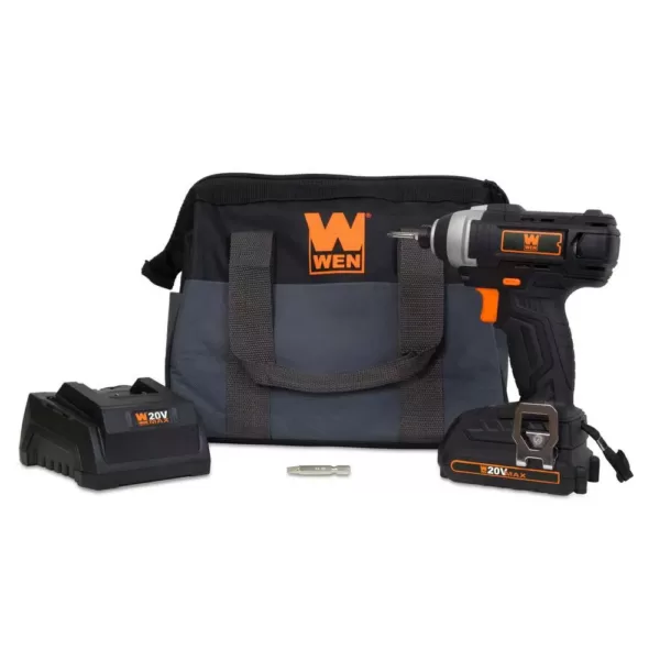 WEN 20-Volt MAX Lithium-Ion Cordless 1/4-In. Impact Driver with Battery Bits Charger and Carrying Bag