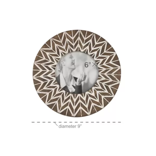 LITTON LANE 5 in. x 5 in. Round White and Natural Carved Wood Picture Frame with Chevron Pattern