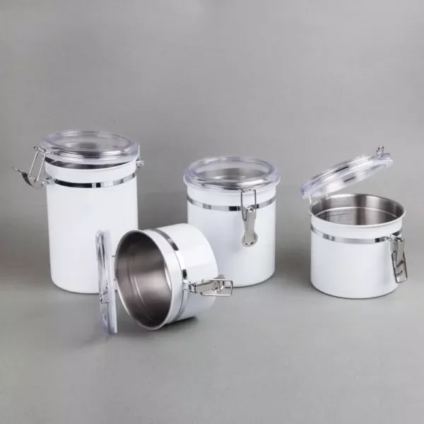 Creative Home Set of 4-Pieces White Stainless Steel Canister Storage Container with Air Tight Lid and Locking Clamp