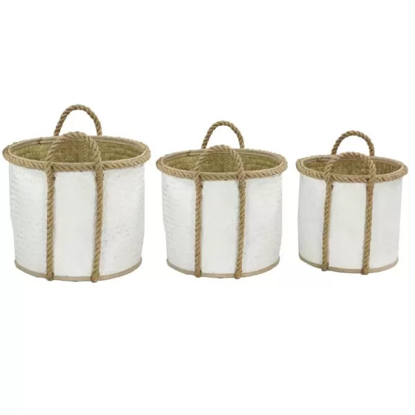 LITTON LANE Round Palm Leaf and Rope Storage Wicker Baskets with Handles (Set of 3)