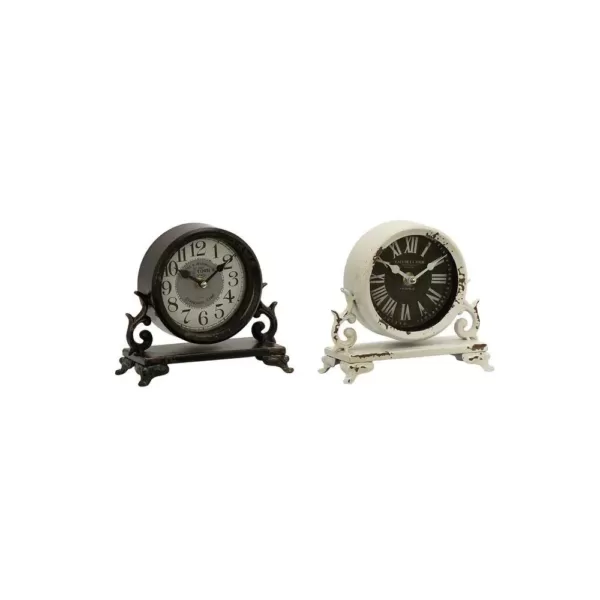 LITTON LANE 7 in. x 7 in. Iron Black and Vintage White Round Table Clocks on Rectangular Scrollwork-Designed Base (Set of 2)