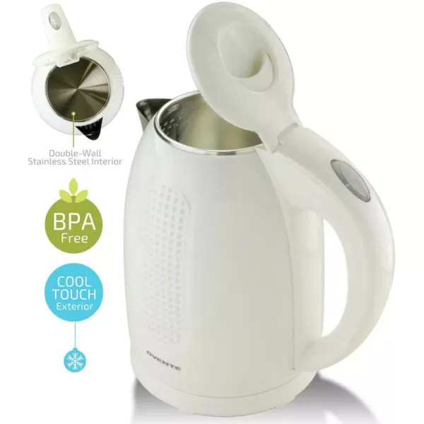 Ovente 7-Cup White Stainless Steel BPA-Free Electric Kettle with Auto Shut-Off and Boil-Dry Protection