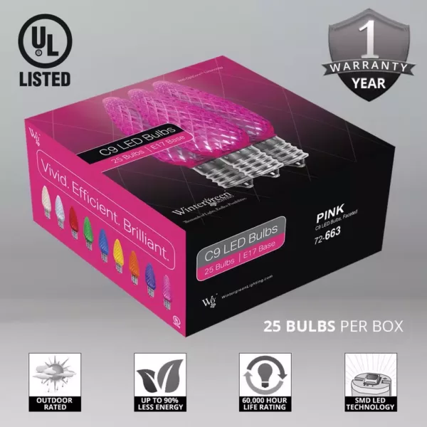 Wintergreen Lighting OptiCore C9 LED Pink Faceted Christmas Light Bulbs (25-Pack)